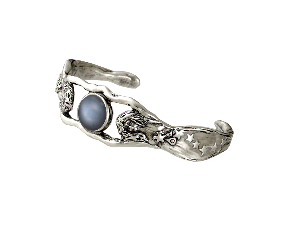 Sterling Silver Fairy Woman Maidens Handmade Cuff Bracelet With Grey Moonstone